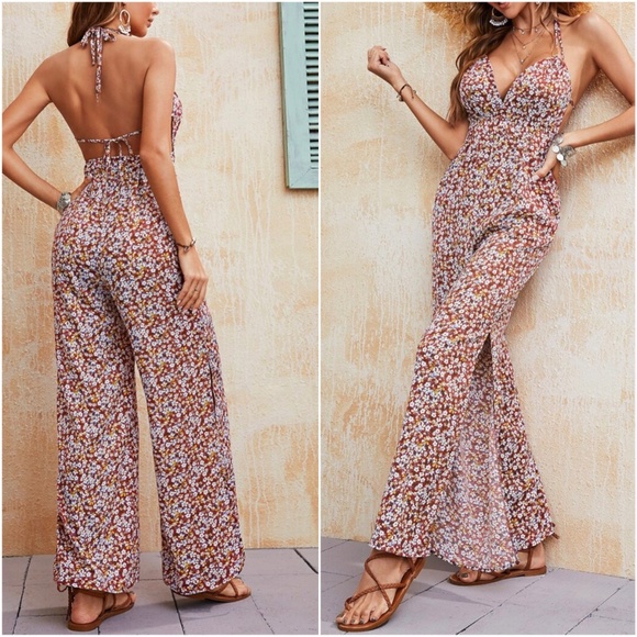 Boho Floral Print Open Back Tie Halter Jumper Jumpsuit - Picture 4 of 8